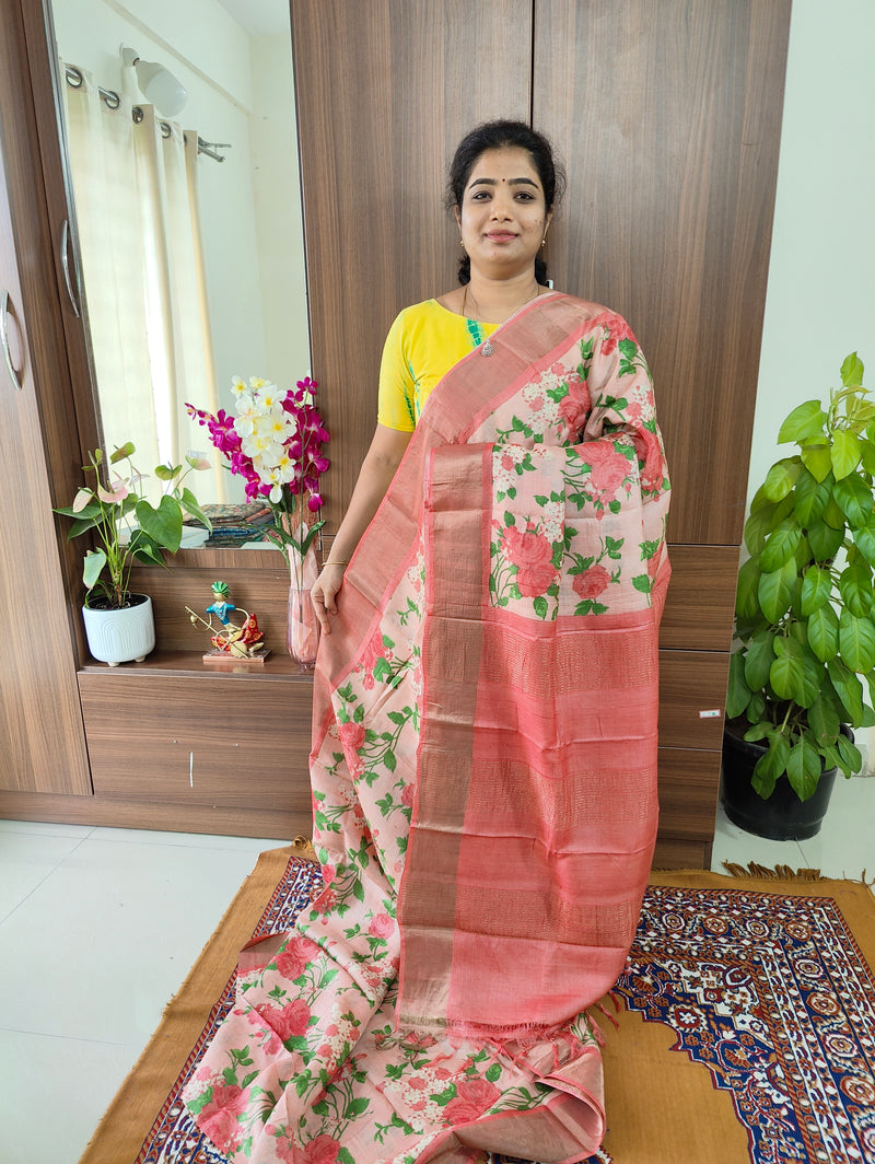 Peach Floral Printed Pure Handwoven Tussar Silk Saree with Zari Border