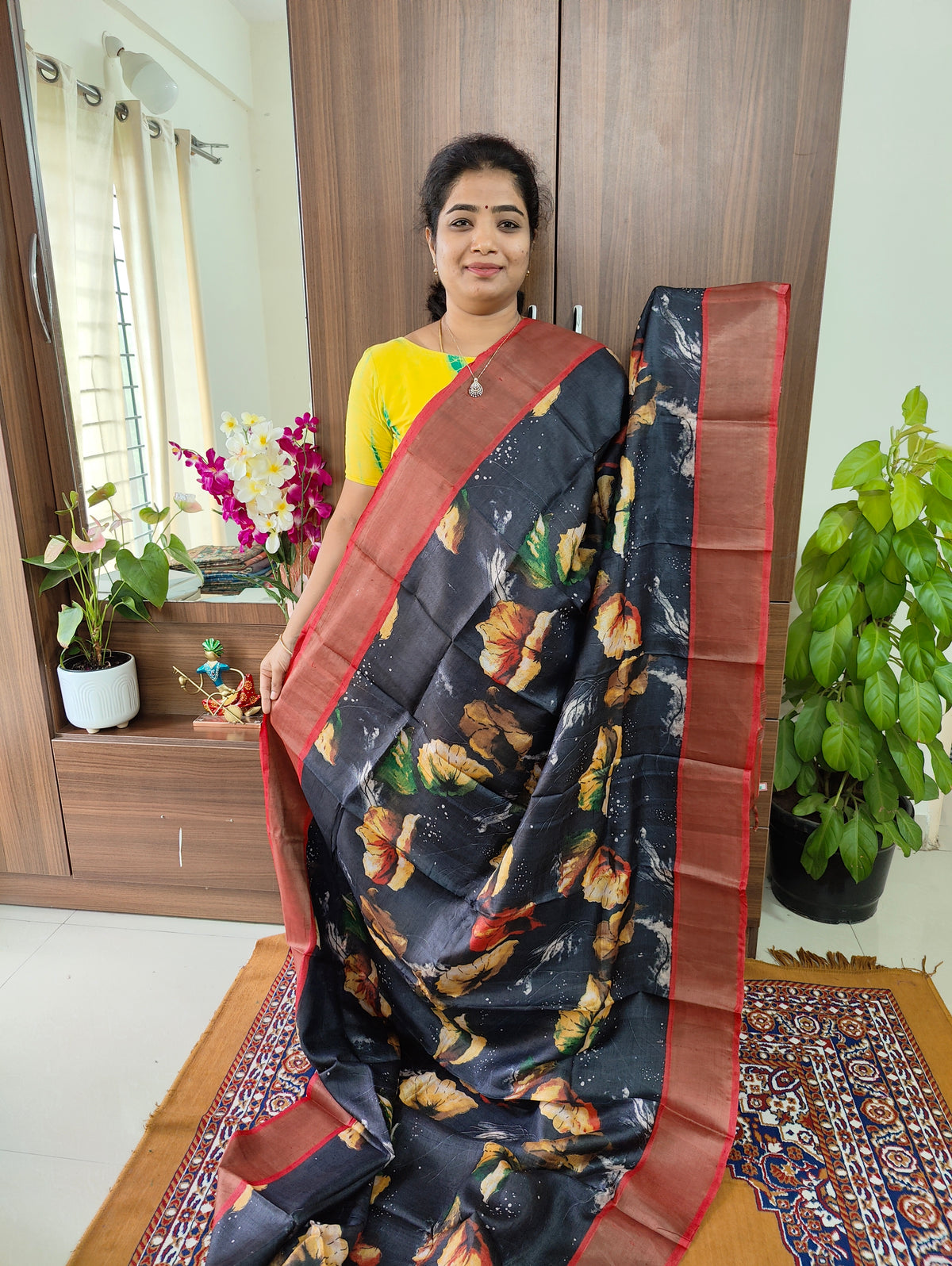 Black with Red Pure Handwoven Tussar Silk Saree with Zari Border