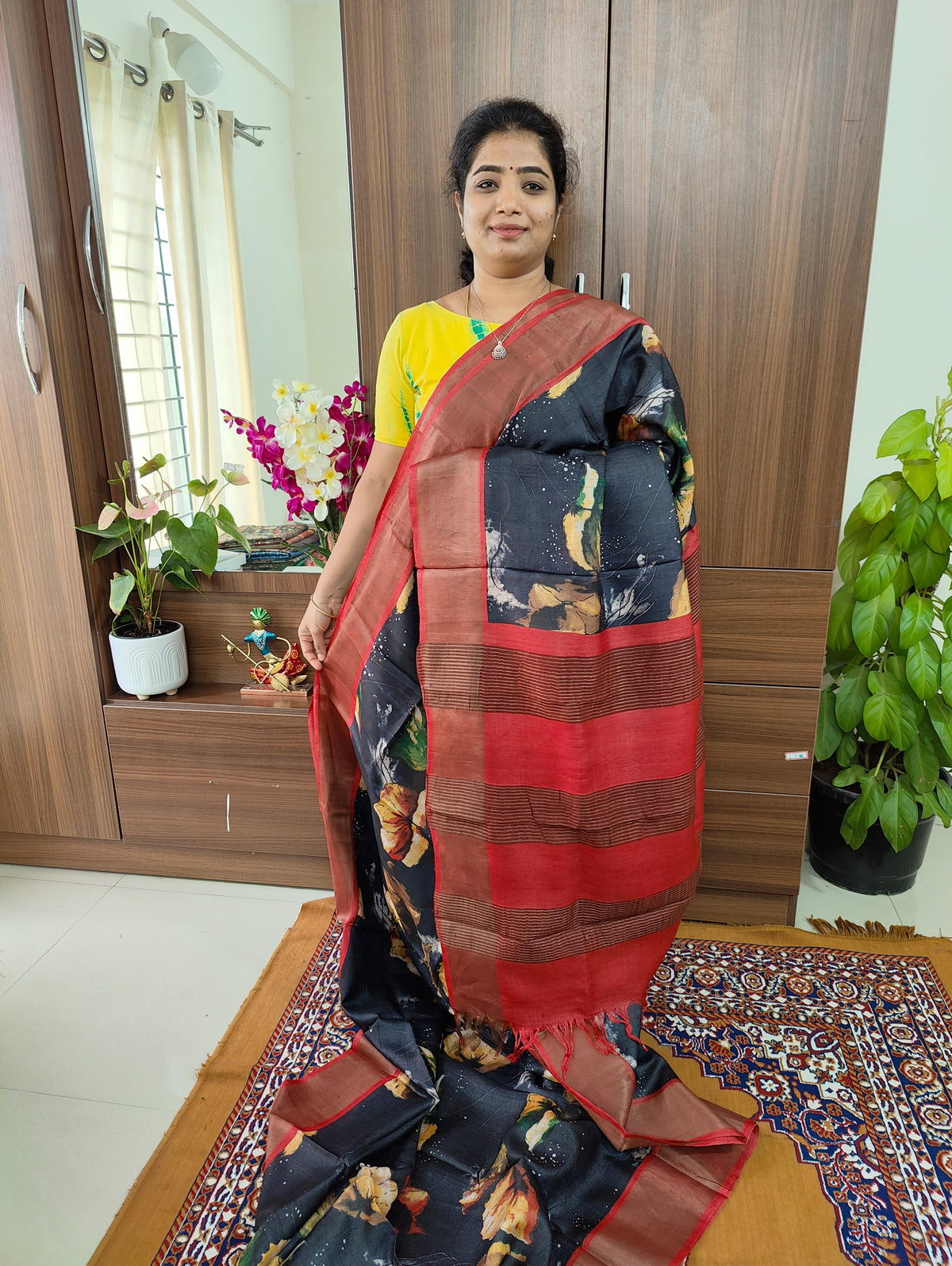 Black with Red Pure Handwoven Tussar Silk Saree with Zari Border