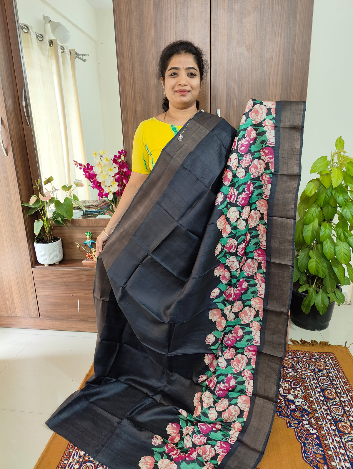 Black with Peach Pure Handwoven Tussar Silk Saree with Zari Border