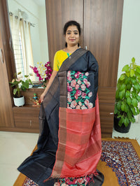 Black with Peach Pure Handwoven Tussar Silk Saree with Zari Border