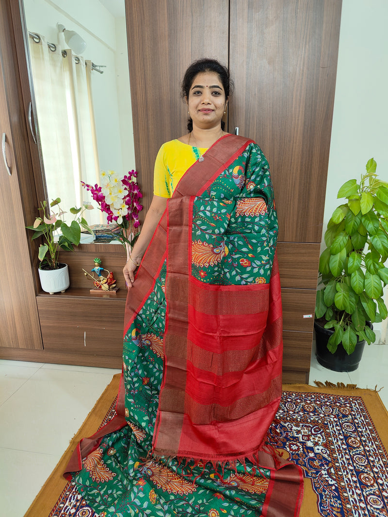 Bottle Green with Red Pure Handwoven Tussar Silk Saree with Zari Border