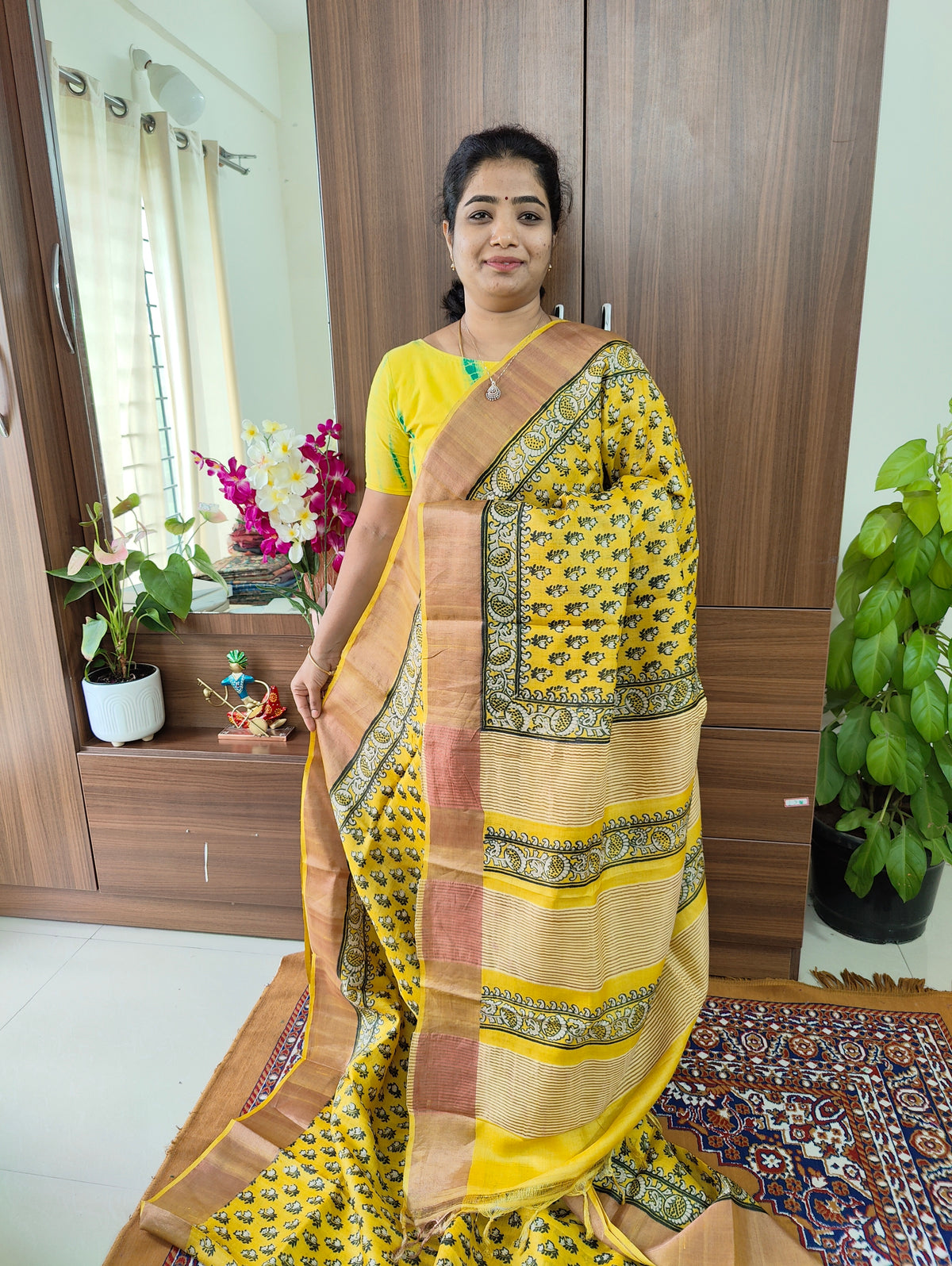 Monochrome Yellow Pure Handwoven Tussar Silk Saree with Zari Border