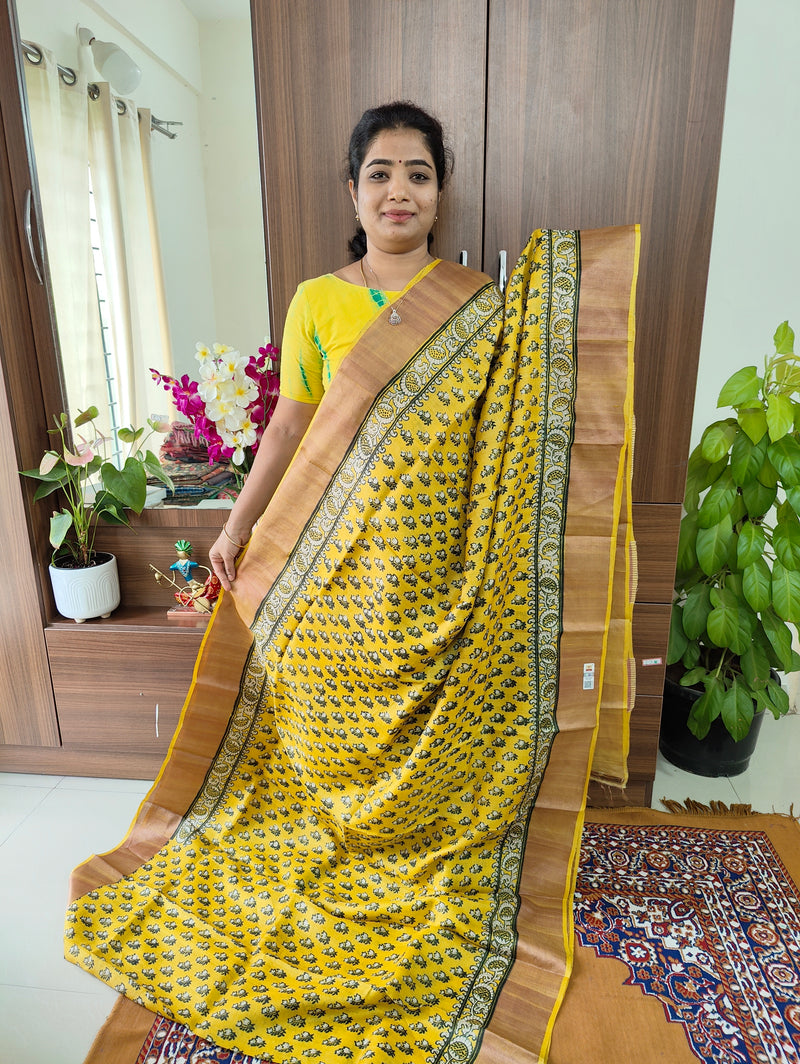 Monochrome Yellow Pure Handwoven Tussar Silk Saree with Zari Border