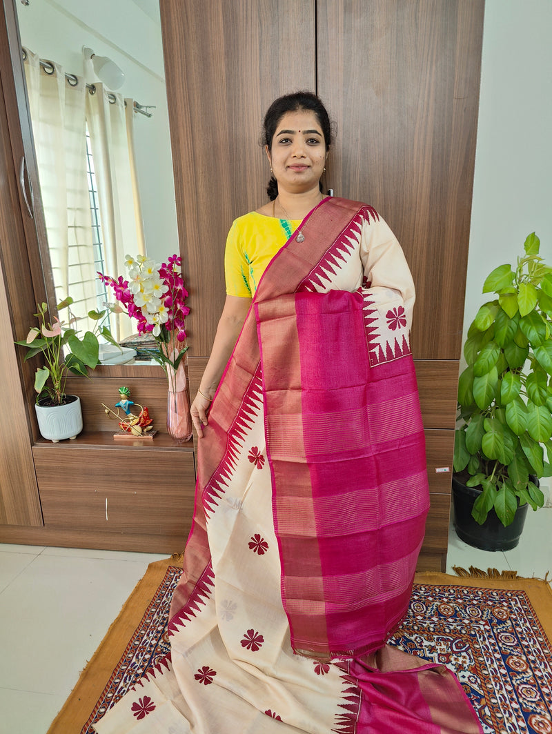 Cream with Dark Pink Pure Handwoven Tussar Silk Saree with Zari Border