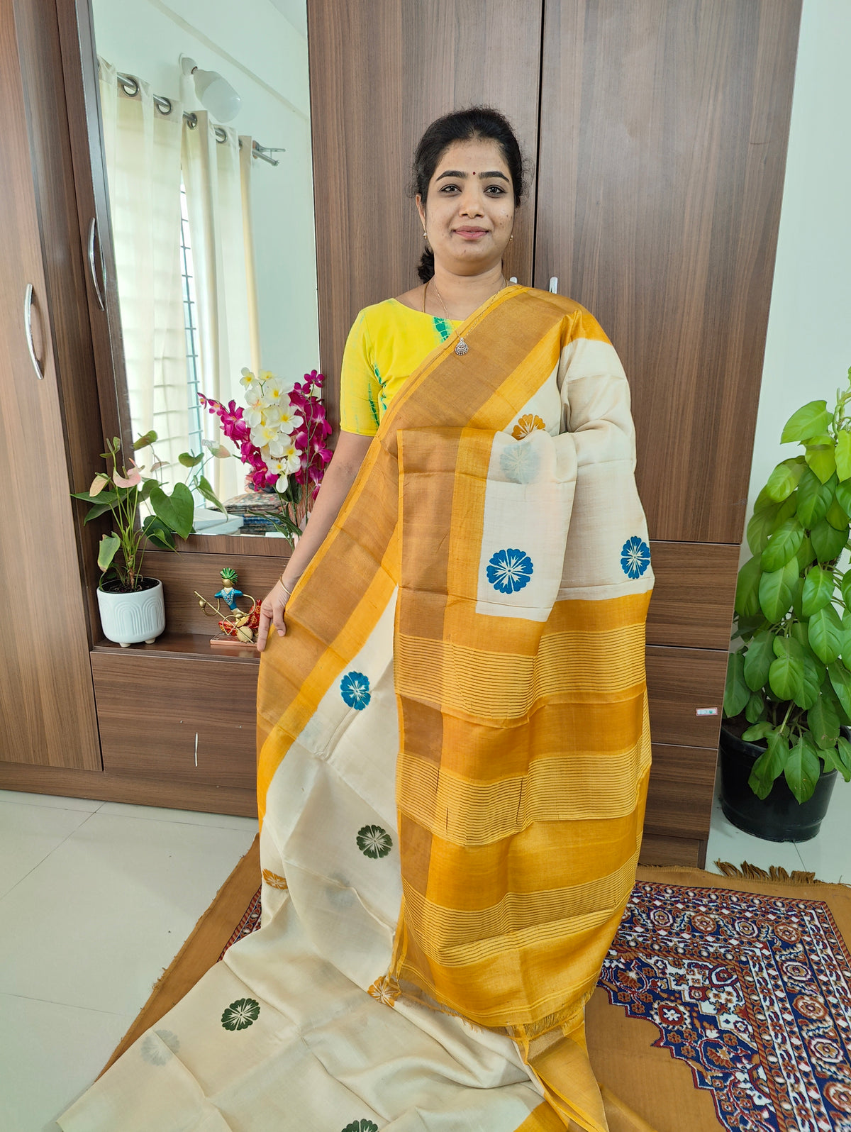 Cream with Mustard Yellow Floral Printed Pure Handwoven Tussar Silk Saree with Zari Border