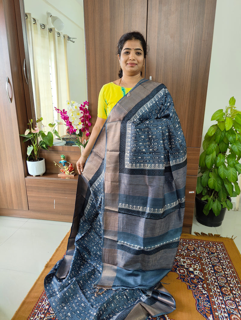 Monochrome Grey Pure Handwoven Tussar Silk Saree with Zari Border