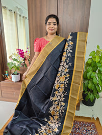 Black with Yellow Floral Printed Handwoven Tussar Silk Saree with Zari Border