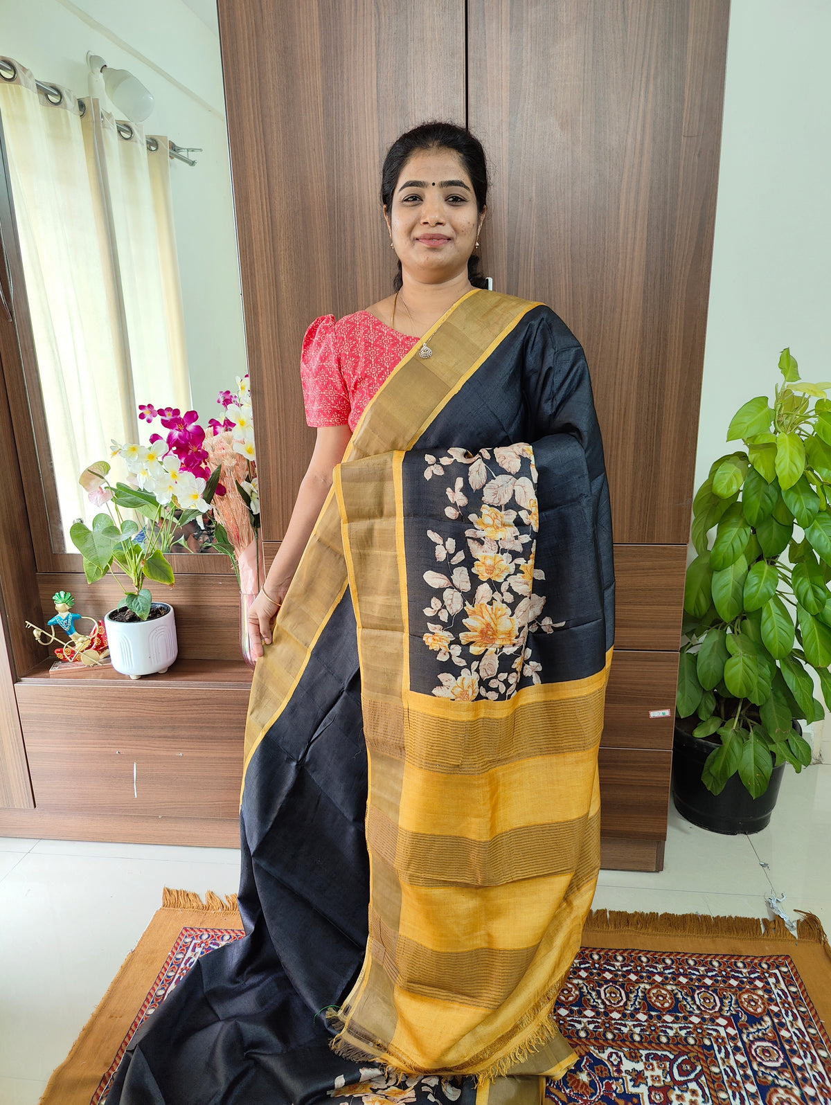 Black with Yellow Floral Printed Handwoven Tussar Silk Saree with Zari Border