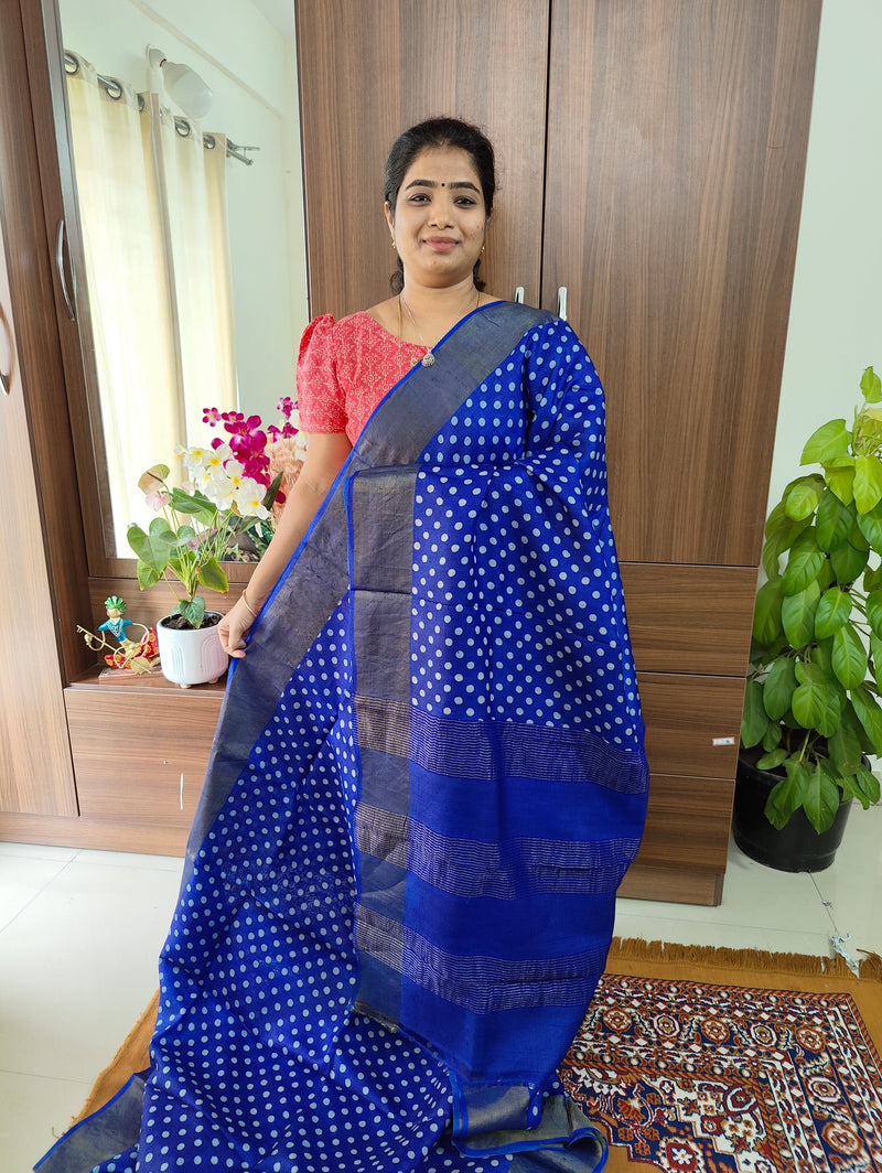 Dark Blue Handwoven Tussar Silk Saree with Zari Border