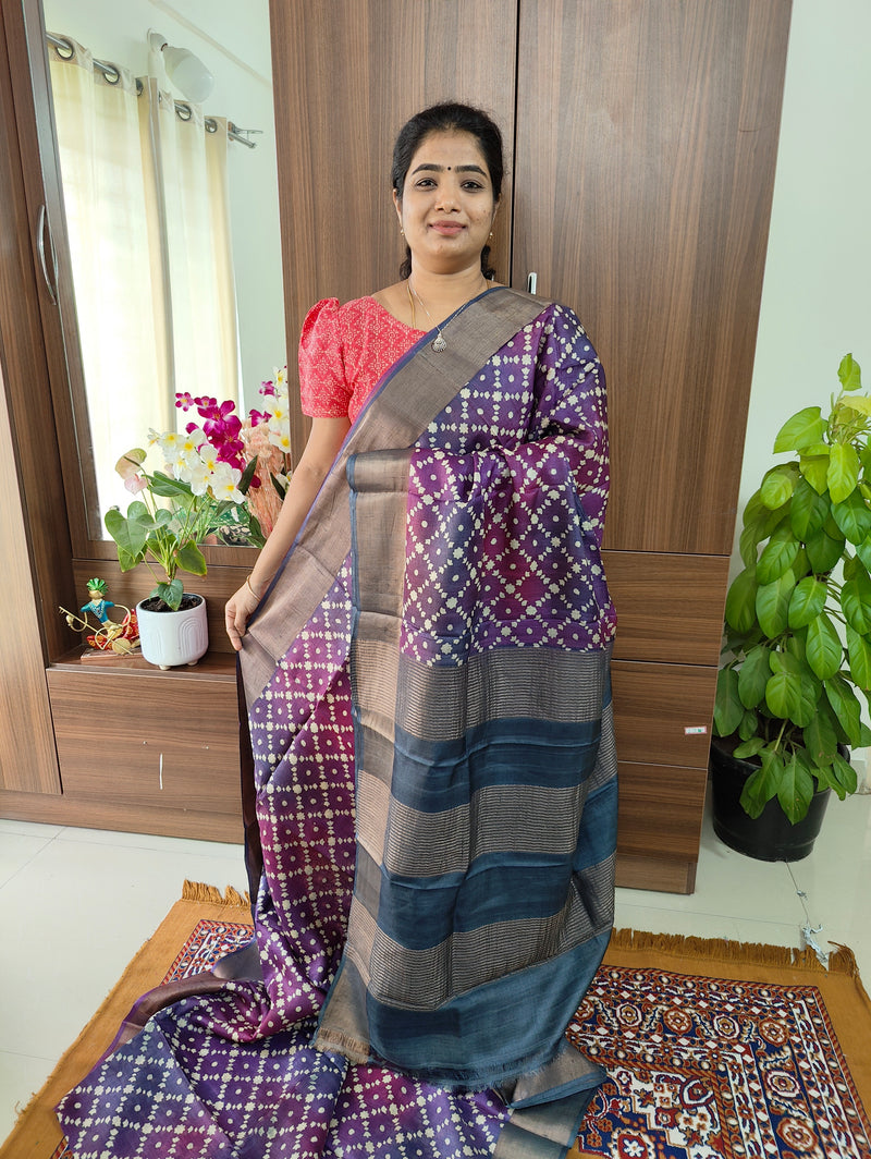 Purple with Grey Handwoven Tussar Silk Saree with Zari Border