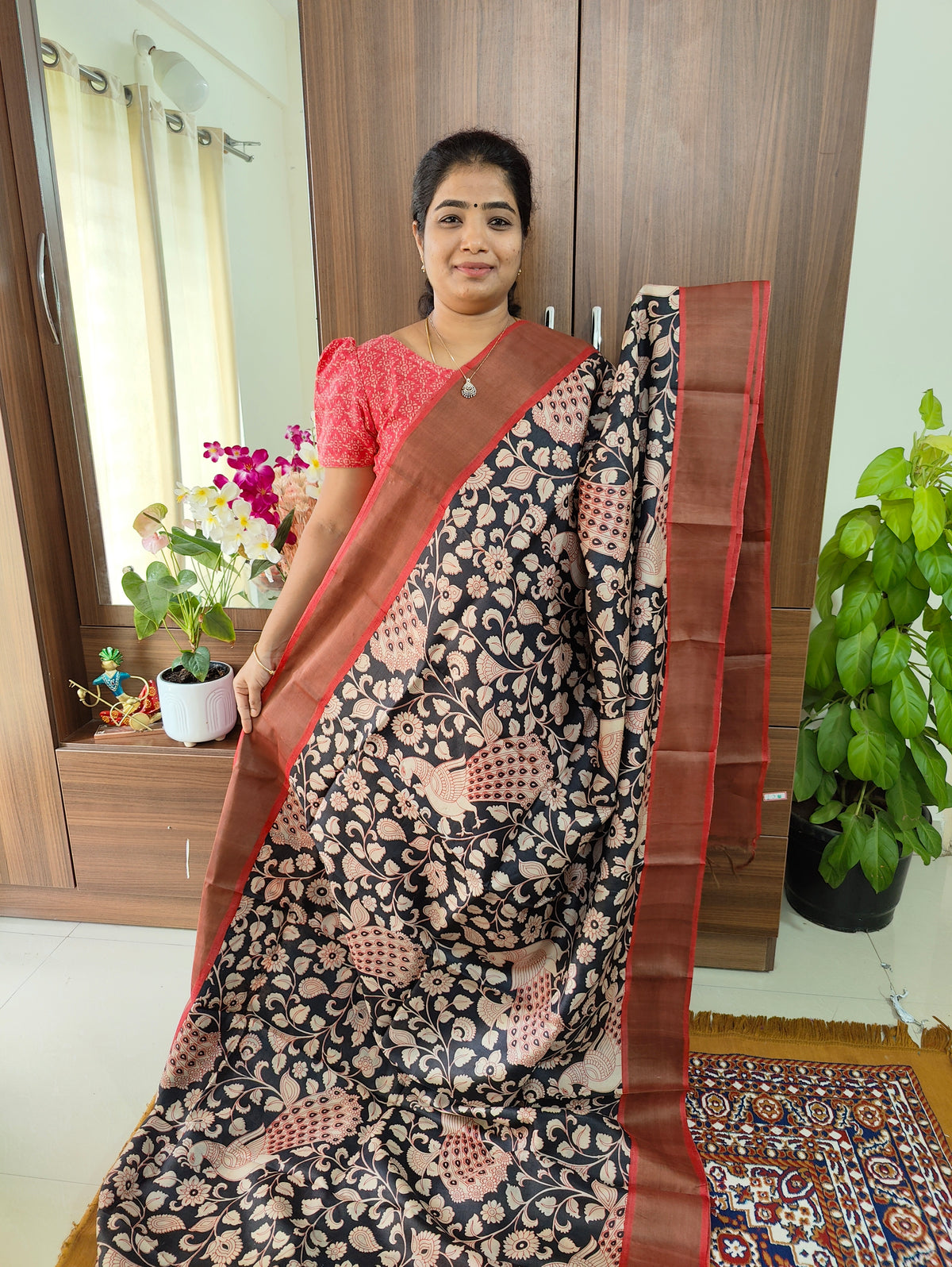 Black with Red Handwoven Tussar Silk Saree with Zari Border