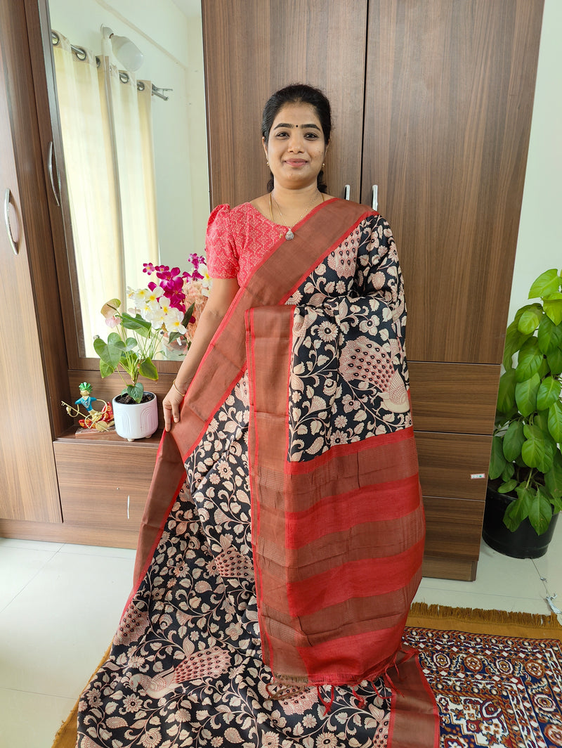 Black with Red Handwoven Tussar Silk Saree with Zari Border