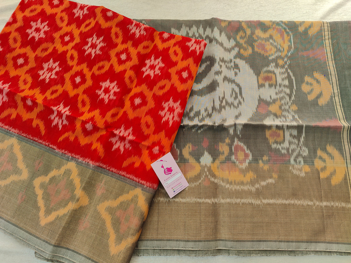 Dark Orange with Grey Pochampally Ikkat Silk Cotton (SICO Pattu)