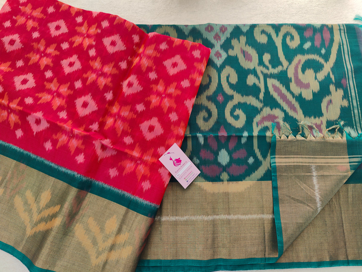 Pink with Peacock Green Pochampally Ikkat Silk Cotton (SICO Pattu)