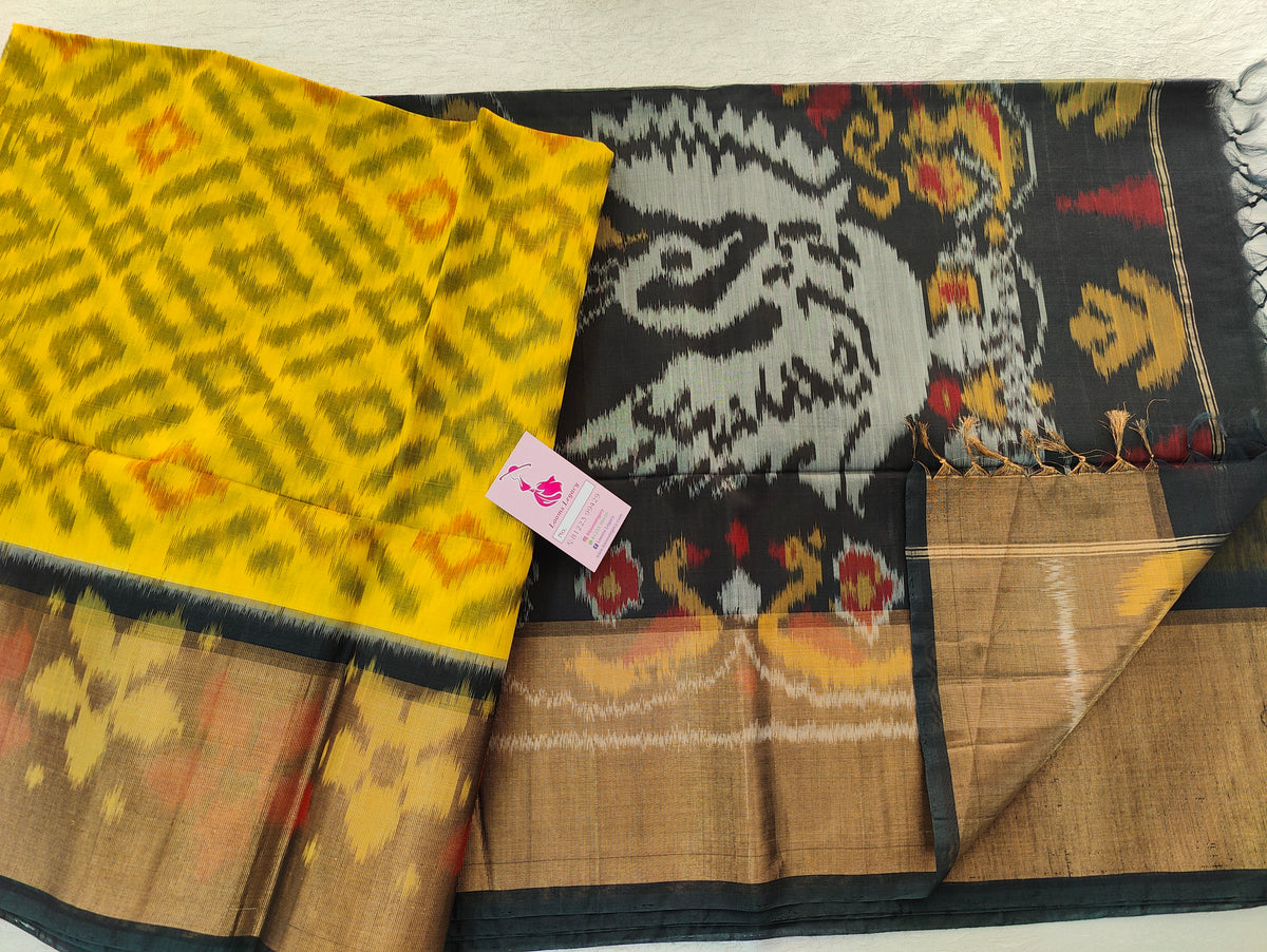 Yellow with Black Pochampally Ikkat Silk Cotton (SICO Pattu)