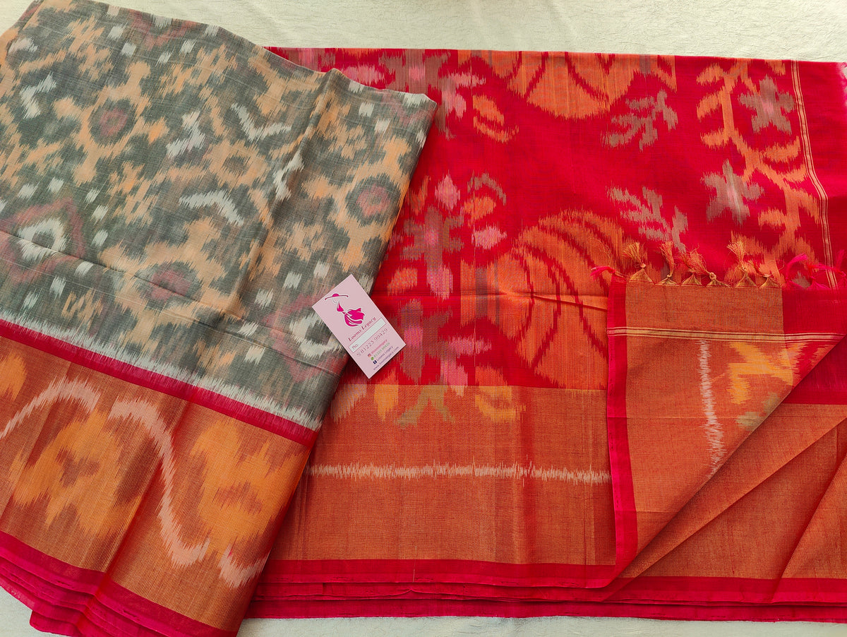 Grey with Pink Pochampally Ikkat Silk Cotton (SICO Pattu)