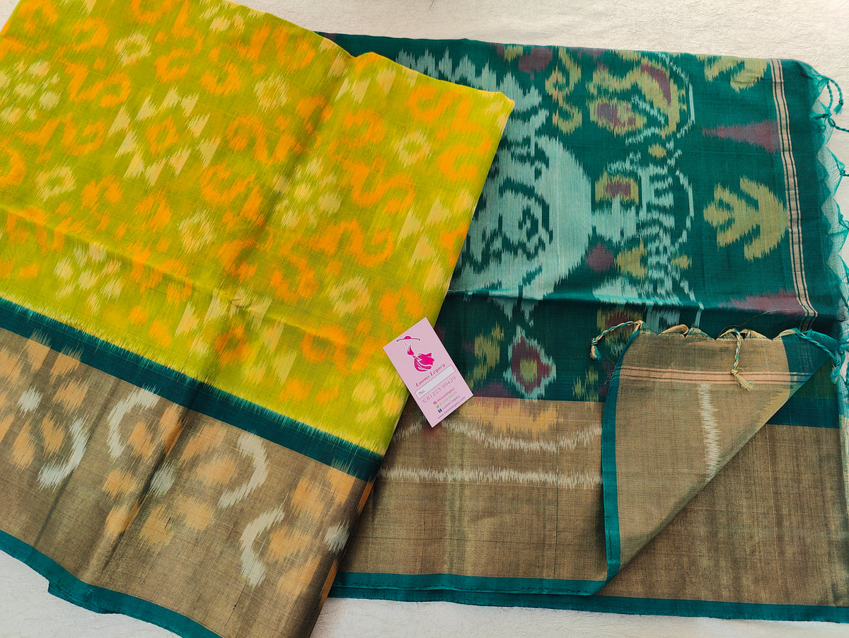 Parrot Green with Peacock Green Pochampally Ikkat Silk Cotton (SICO Pattu)