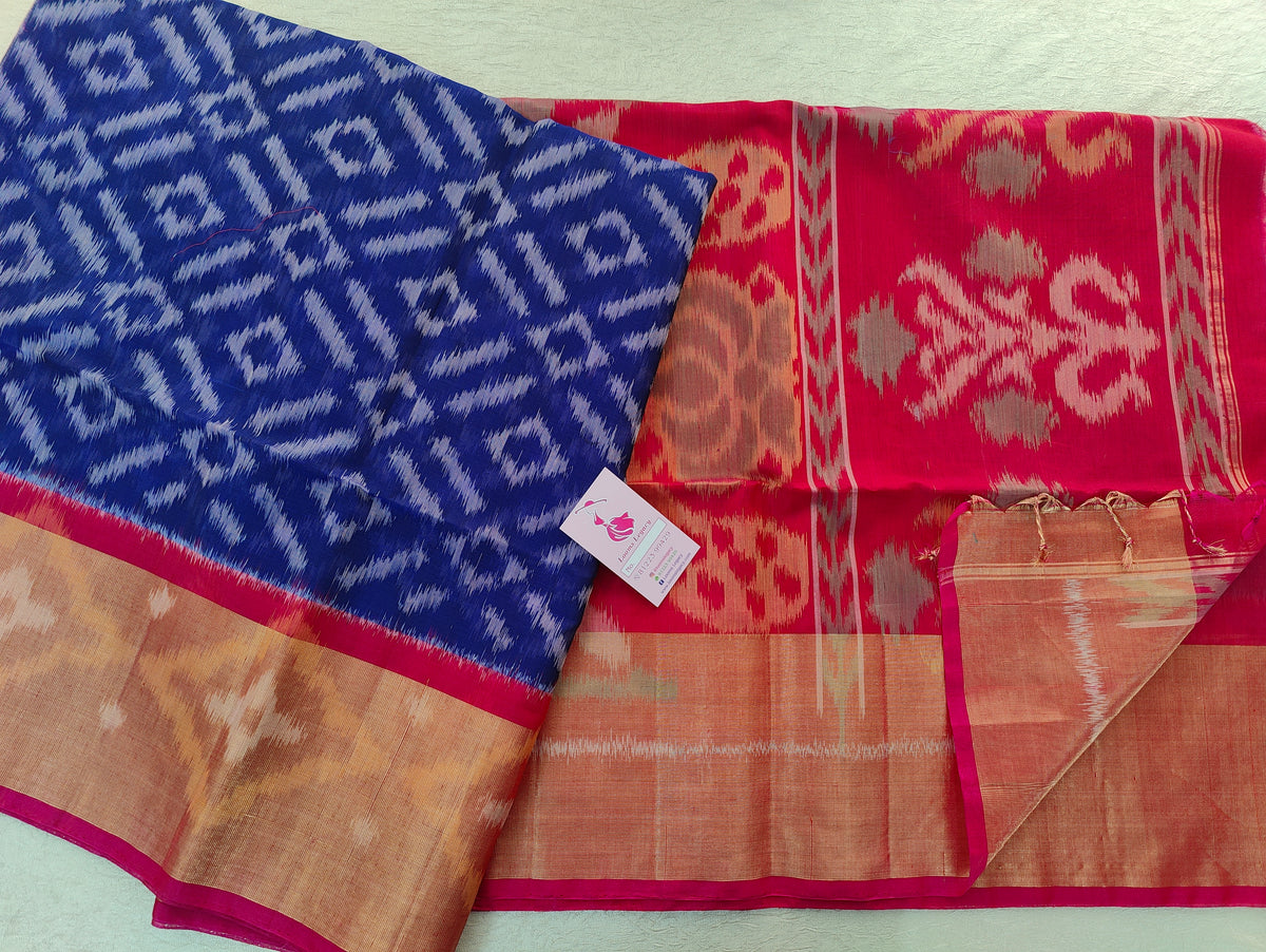Blue with Pink Pochampally Ikkat Silk Cotton (SICO Pattu)