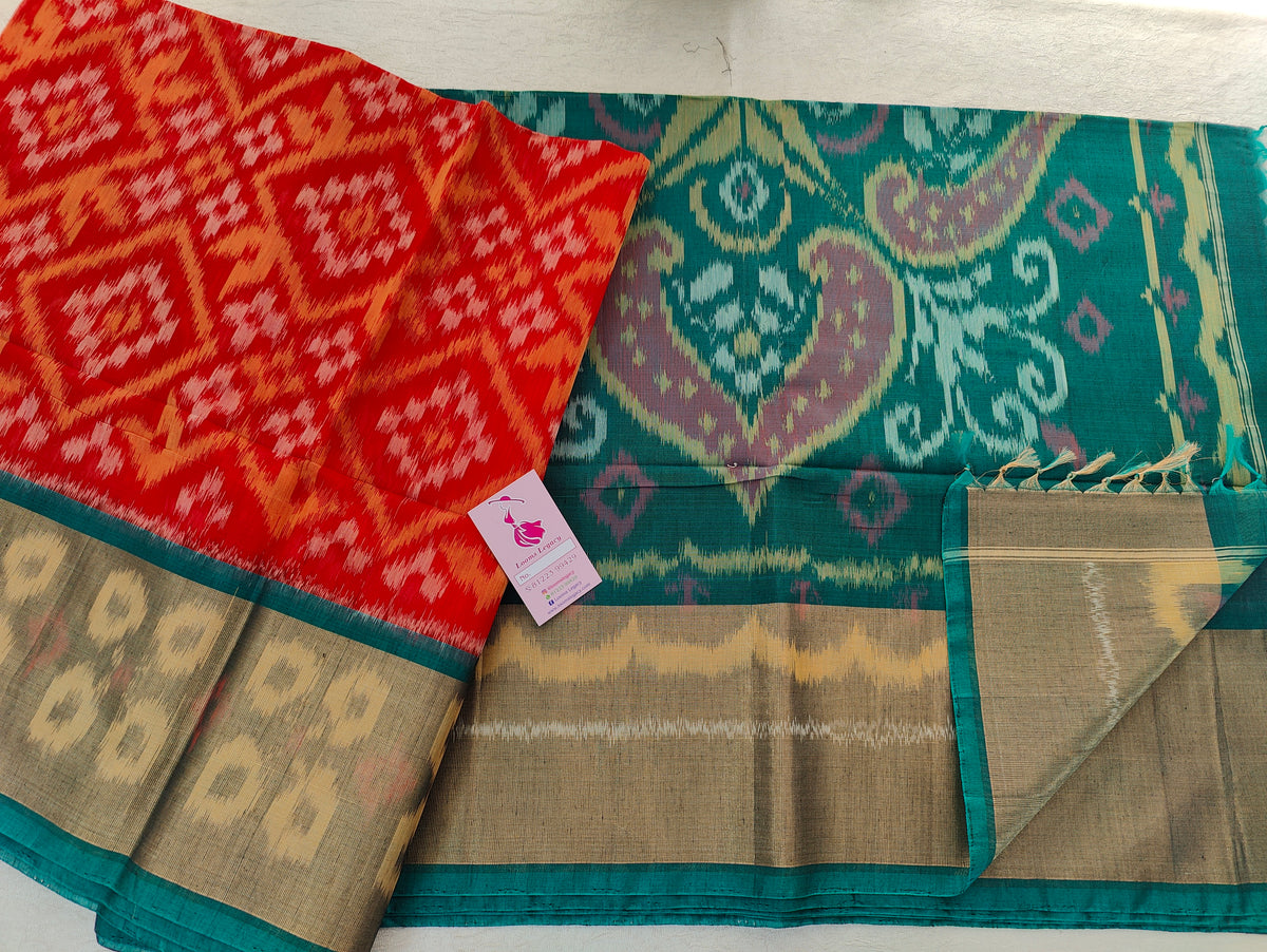 Red with Peacock Green Pochampally Ikkat Silk Cotton (SICO Pattu)