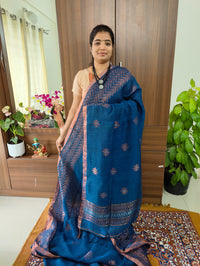 Handloom Linen Sarees - Peacock Blue