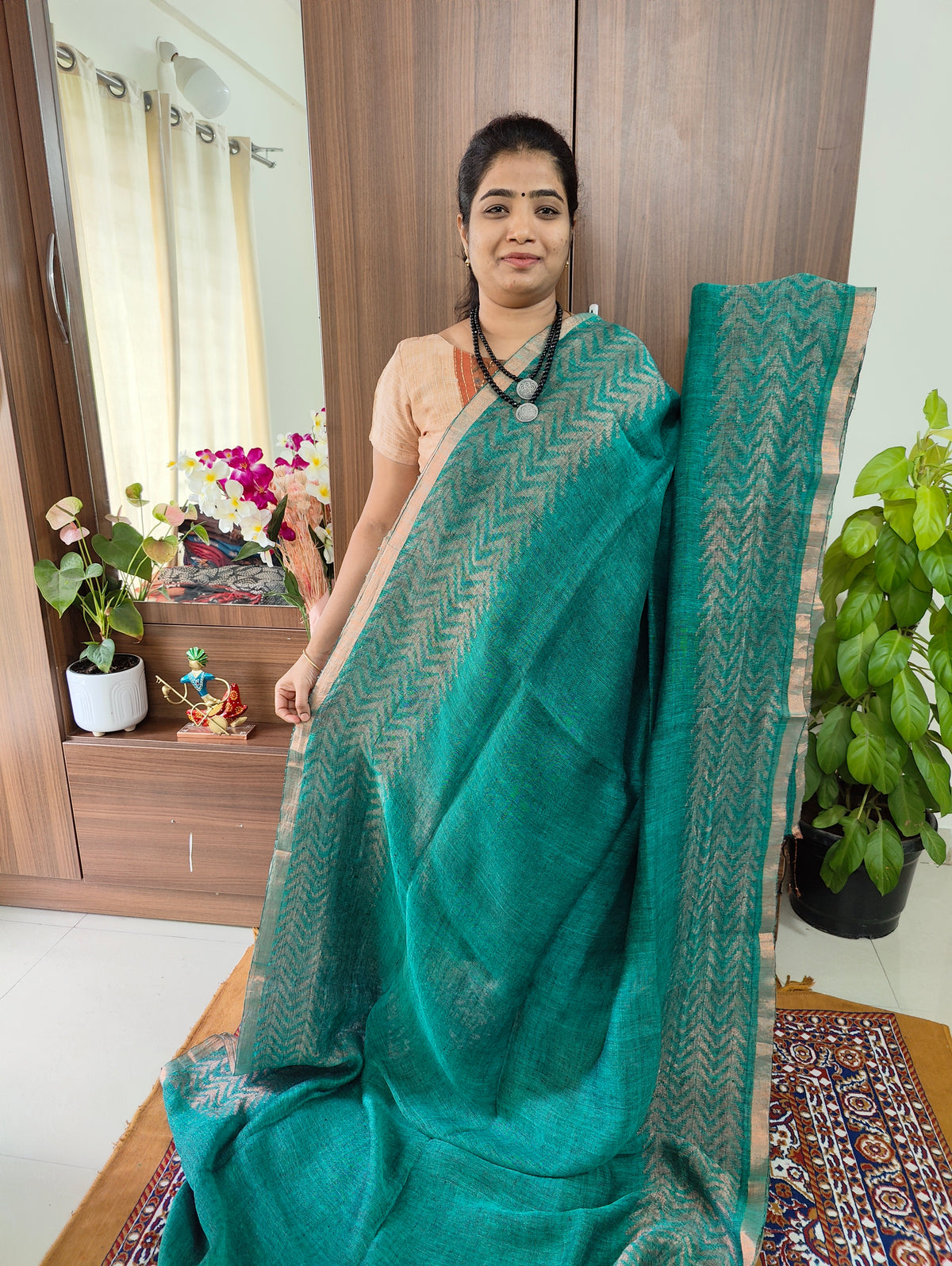 Handloom Linen Sarees - Sea Green