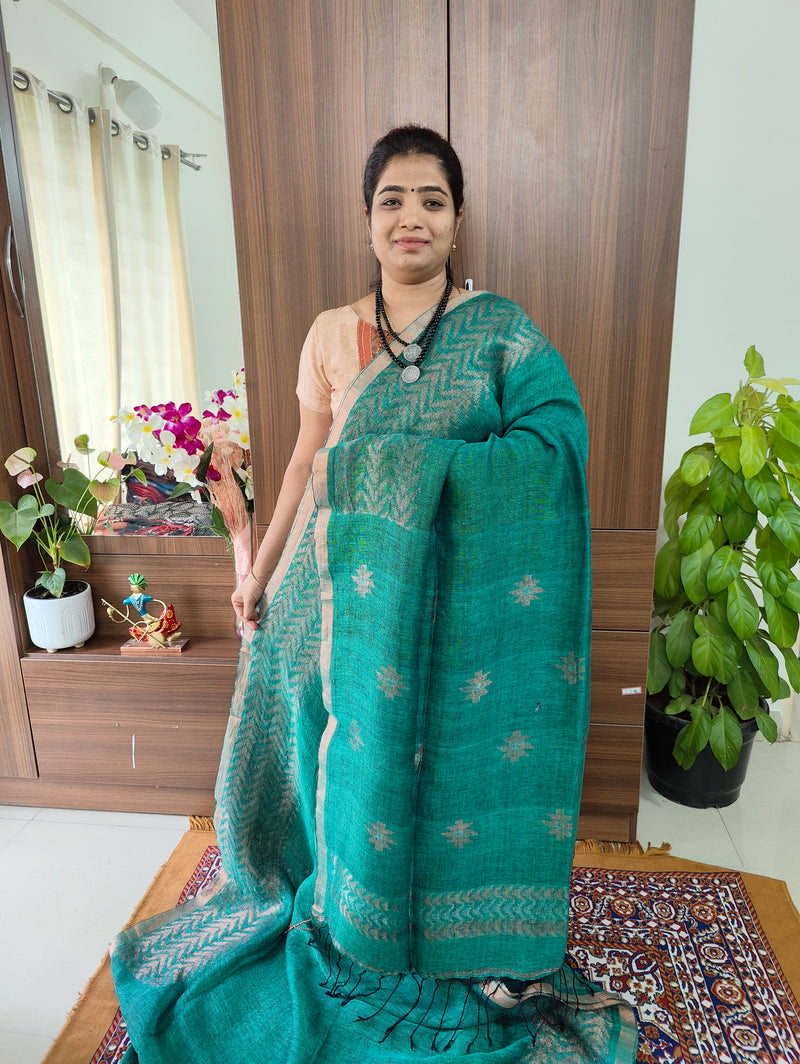 Handloom Linen Sarees - Sea Green