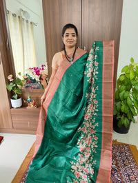 Dark Green with Peach Floral Print Pure Handwoven Tussar Silk Saree with Cut Work Pallu