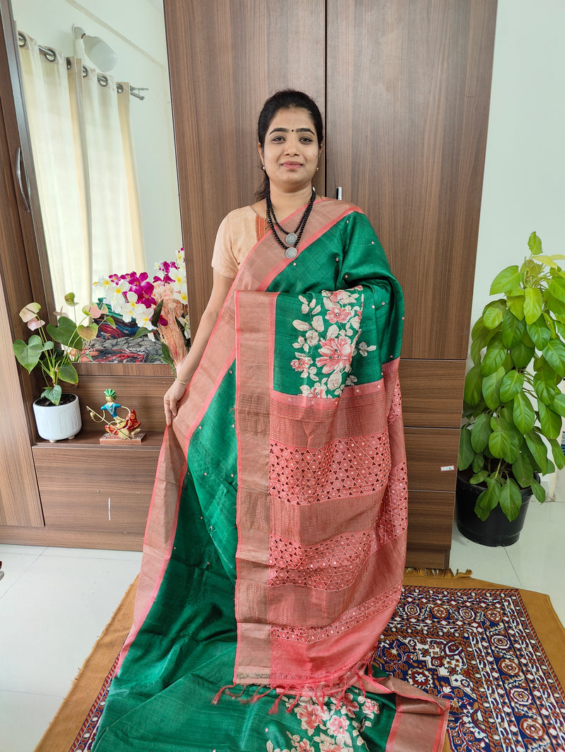 Dark Green with Peach Floral Print Pure Handwoven Tussar Silk Saree with Cut Work Pallu