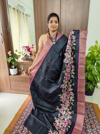 Black with Pink Floral Print Pure Handwoven Tussar Silk Saree with Cut Work Pallu