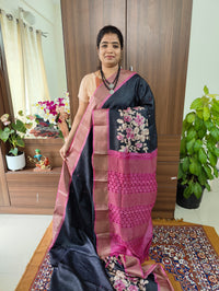 Black with Pink Floral Print Pure Handwoven Tussar Silk Saree with Cut Work Pallu