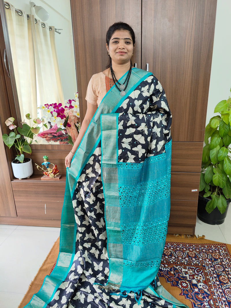 Black with Blue Butterfly Print Pure Handwoven Tussar Silk Saree with Cut Work Pallu