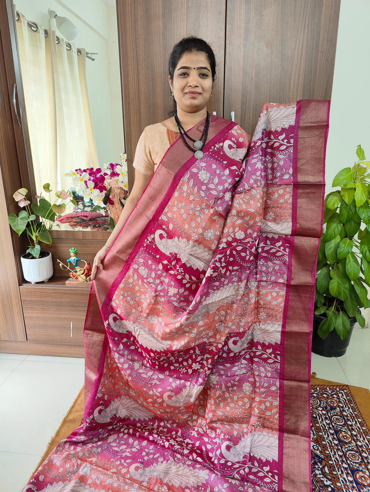 Dual Shade with Pink and Peach Peacock & Floral Print Pure Handwoven Tussar Silk Saree with Cut Work Pallu