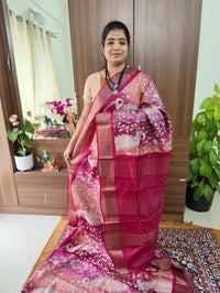 Dual Shade with Pink and Peach Peacock & Floral Print Pure Handwoven Tussar Silk Saree with Cut Work Pallu