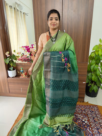 Multi Green Shade with Hand Painted Floral Design Pure Handwoven Tussar Silk Saree with Cut Work Pallu