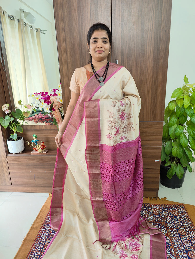 Cream with Pink Floral Print Pure Handwoven Tussar Silk Saree with Cut Work Pallu