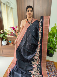 Black with Peach Floral Print Pure Handwoven Tussar Silk Saree with Cut Work Pallu