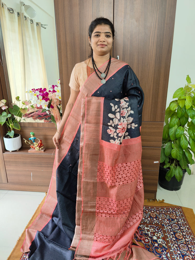 Black with Peach Floral Print Pure Handwoven Tussar Silk Saree with Cut Work Pallu