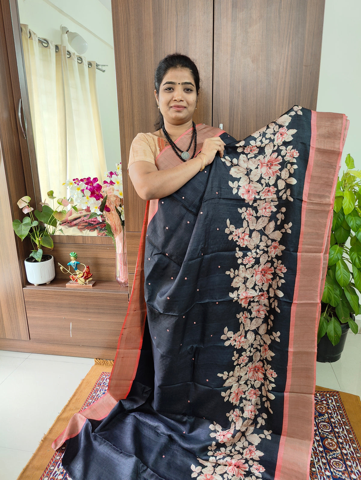 Black with Peach Floral Print Pure Handwoven Tussar Silk Saree with Cut Work Pallu