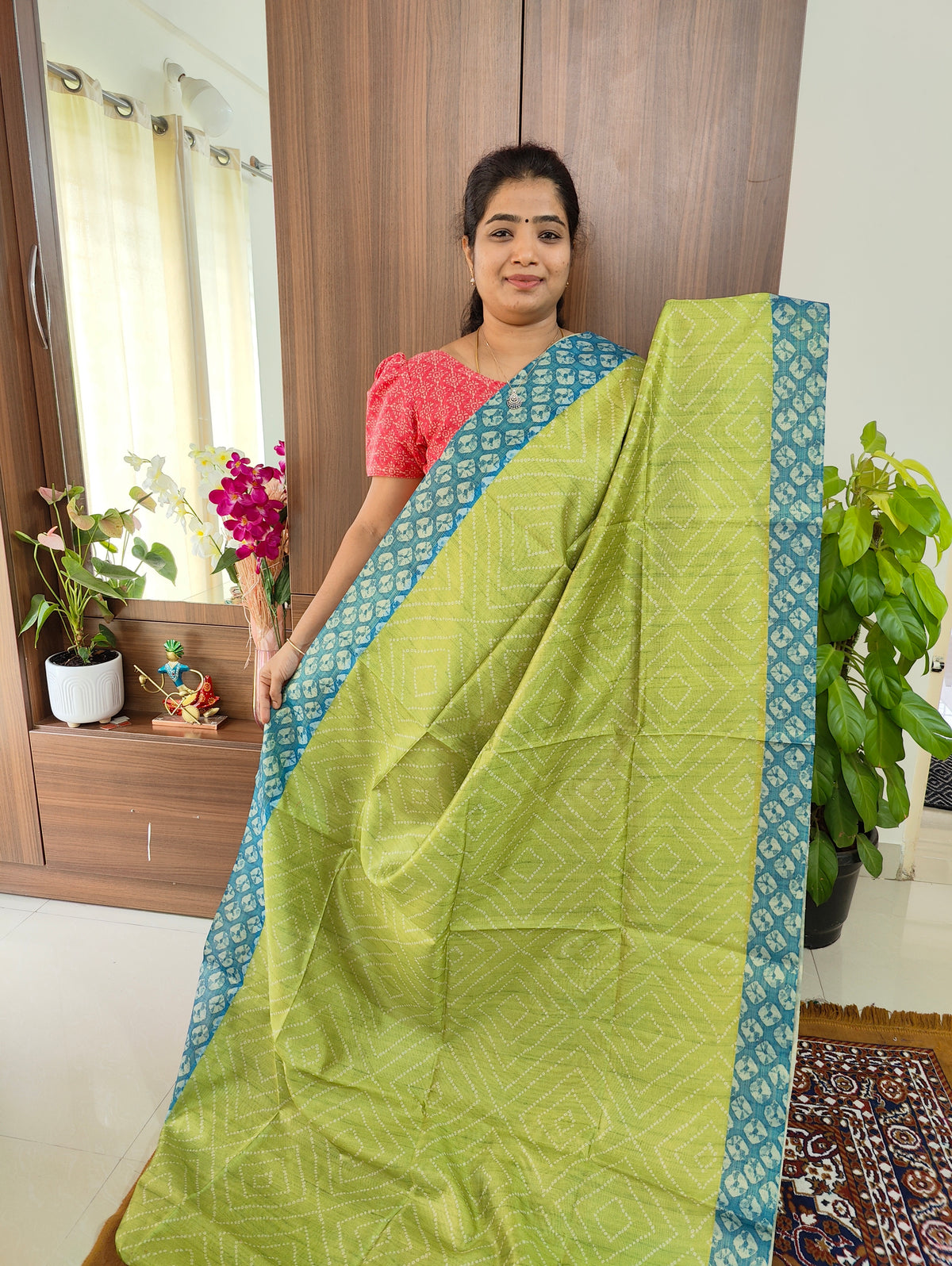 Semi Tussar Digital Prints with Contrast Border - Green with Peacock Blue