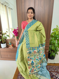 Semi Tussar Digital Prints with Contrast Border - Green with Peacock Blue