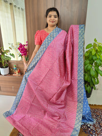 Semi Tussar Digital Prints with Contrast Border - Pink with Blue