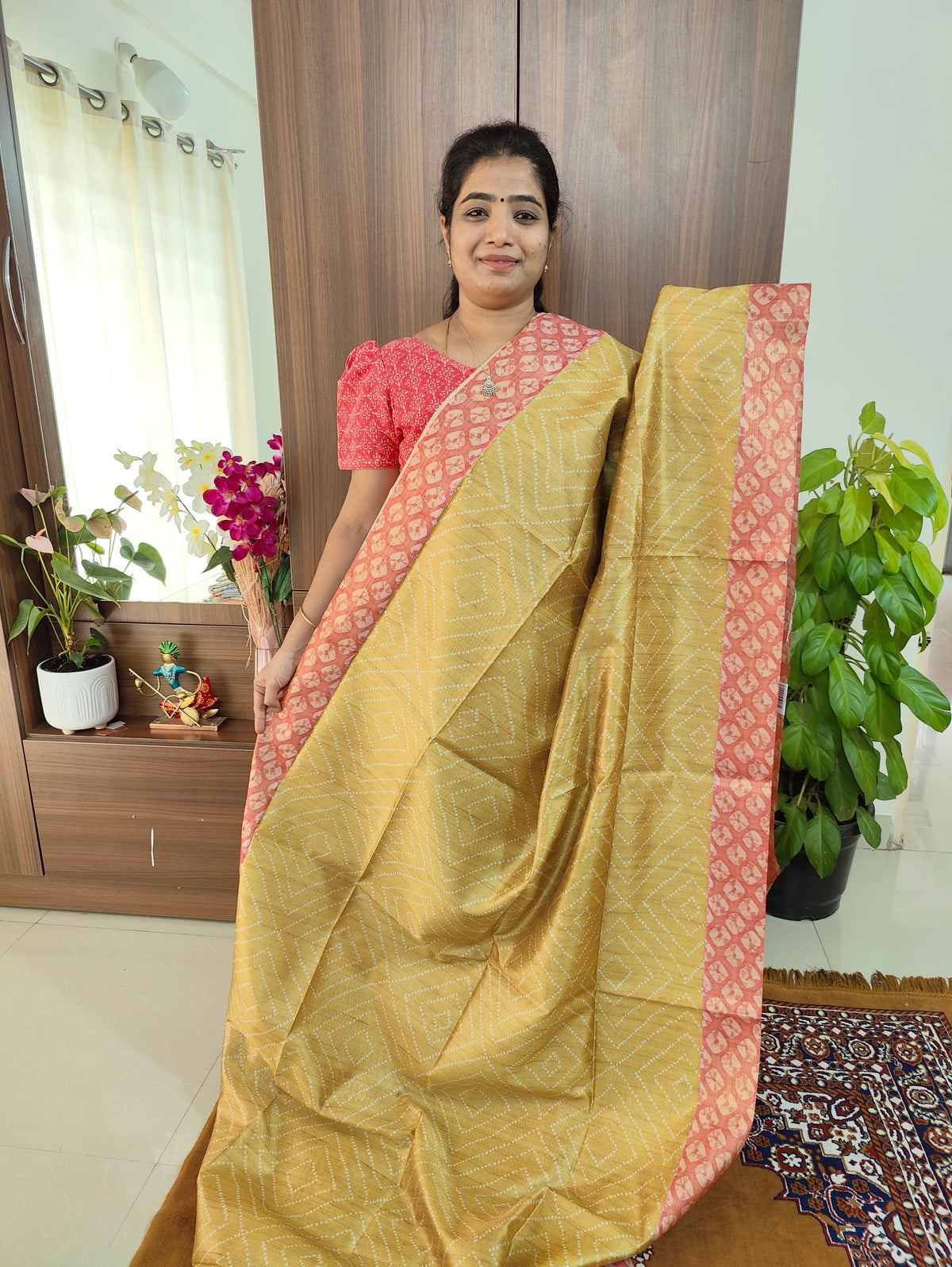 Semi Tussar Digital Prints with Contrast Border - Mustard Yellow with Peach