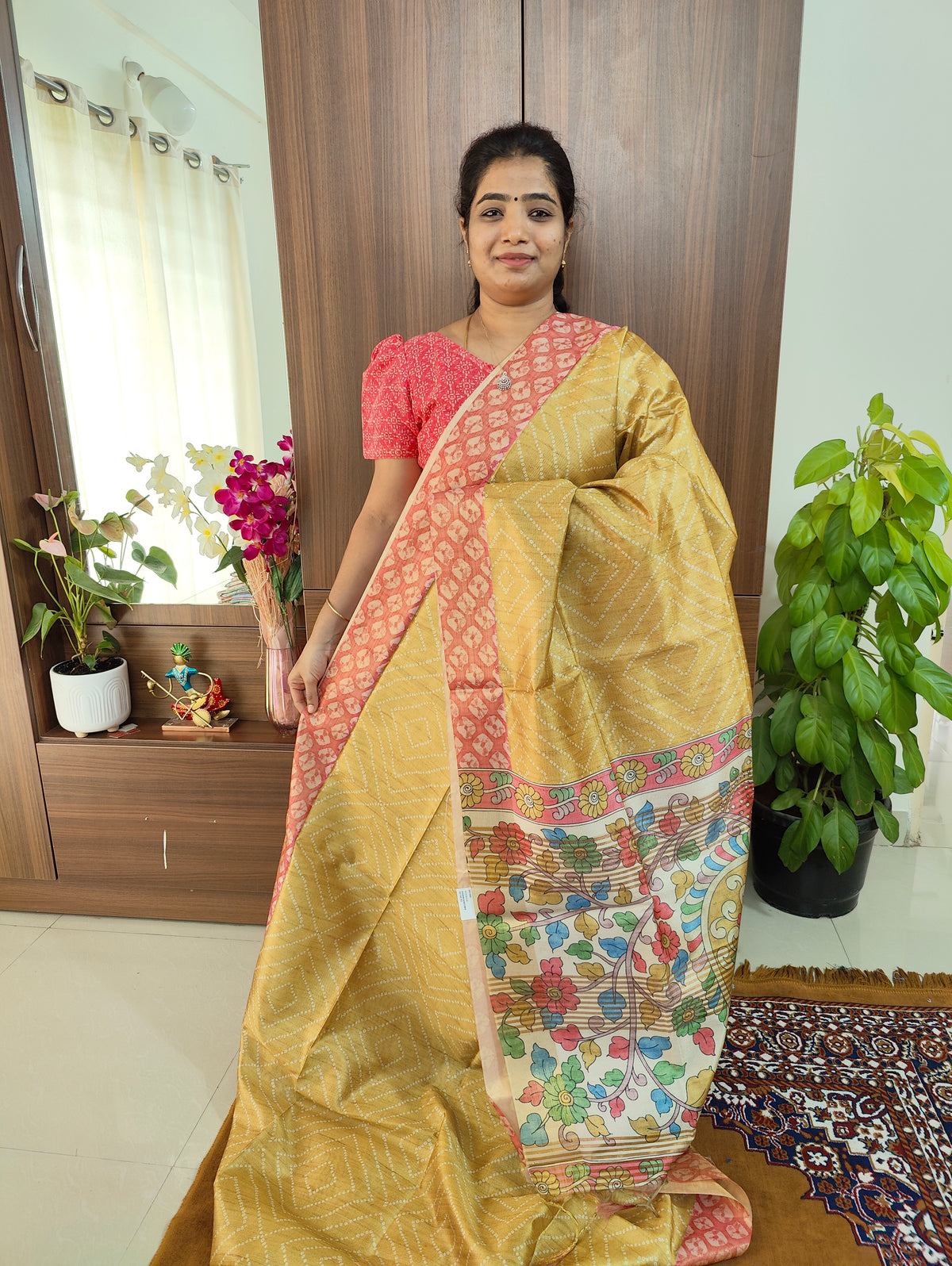 Semi Tussar Digital Prints with Contrast Border - Mustard Yellow with Peach