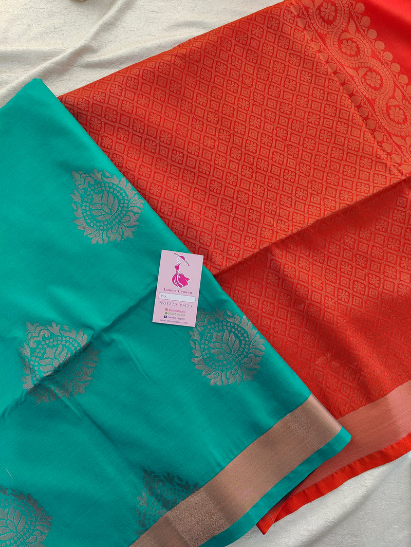 Sea Blue with Orange Copper Zari Woven Border Semi Soft Silk Saree