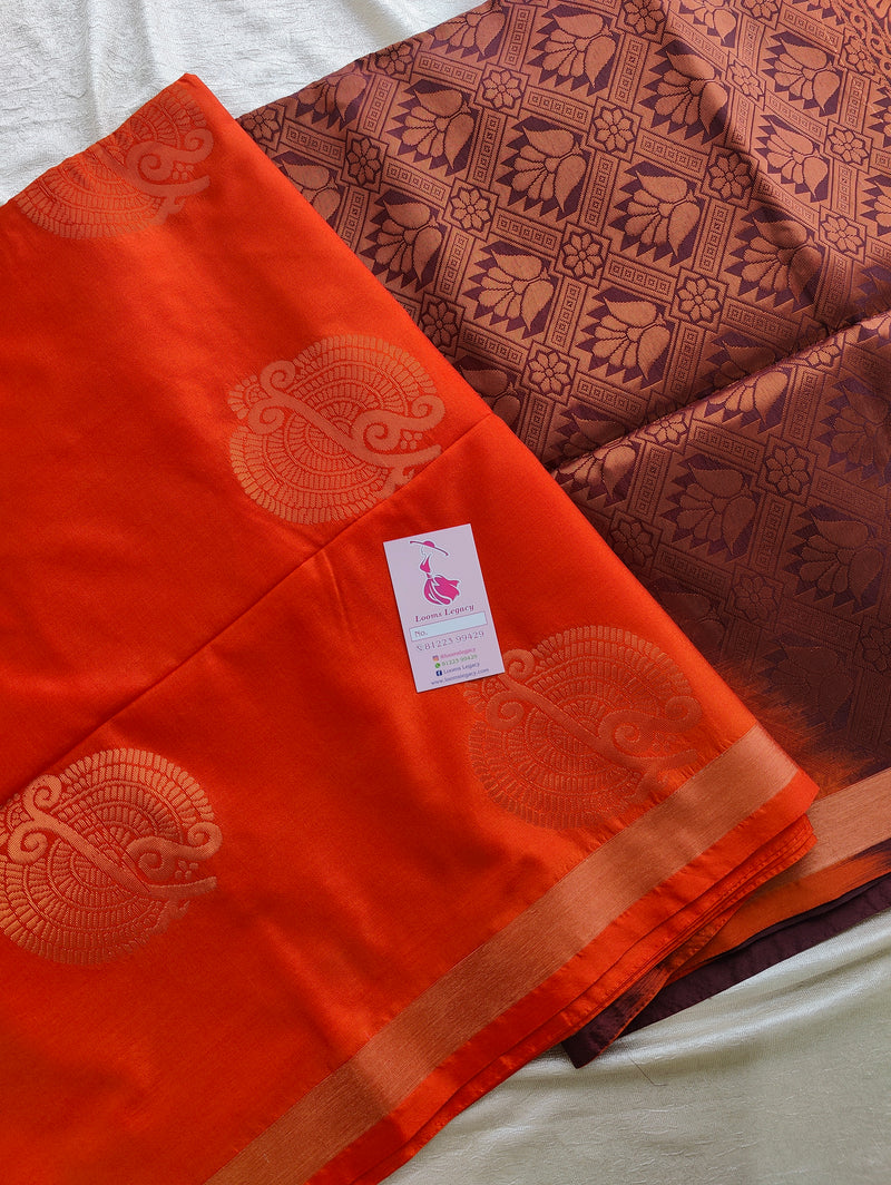 Orange with Deep Brown Copper Zari Woven Border Semi Soft Silk Saree