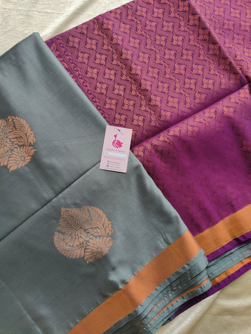 Grey with Purple Copper Zari Woven Border Semi Soft Silk Saree