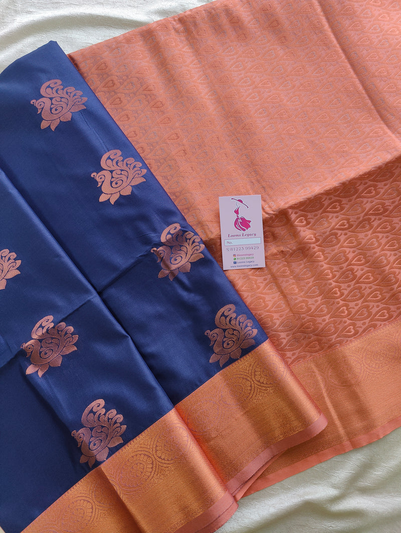 Navy Blue with Peach Copper Zari Woven Border Semi Soft Silk Saree