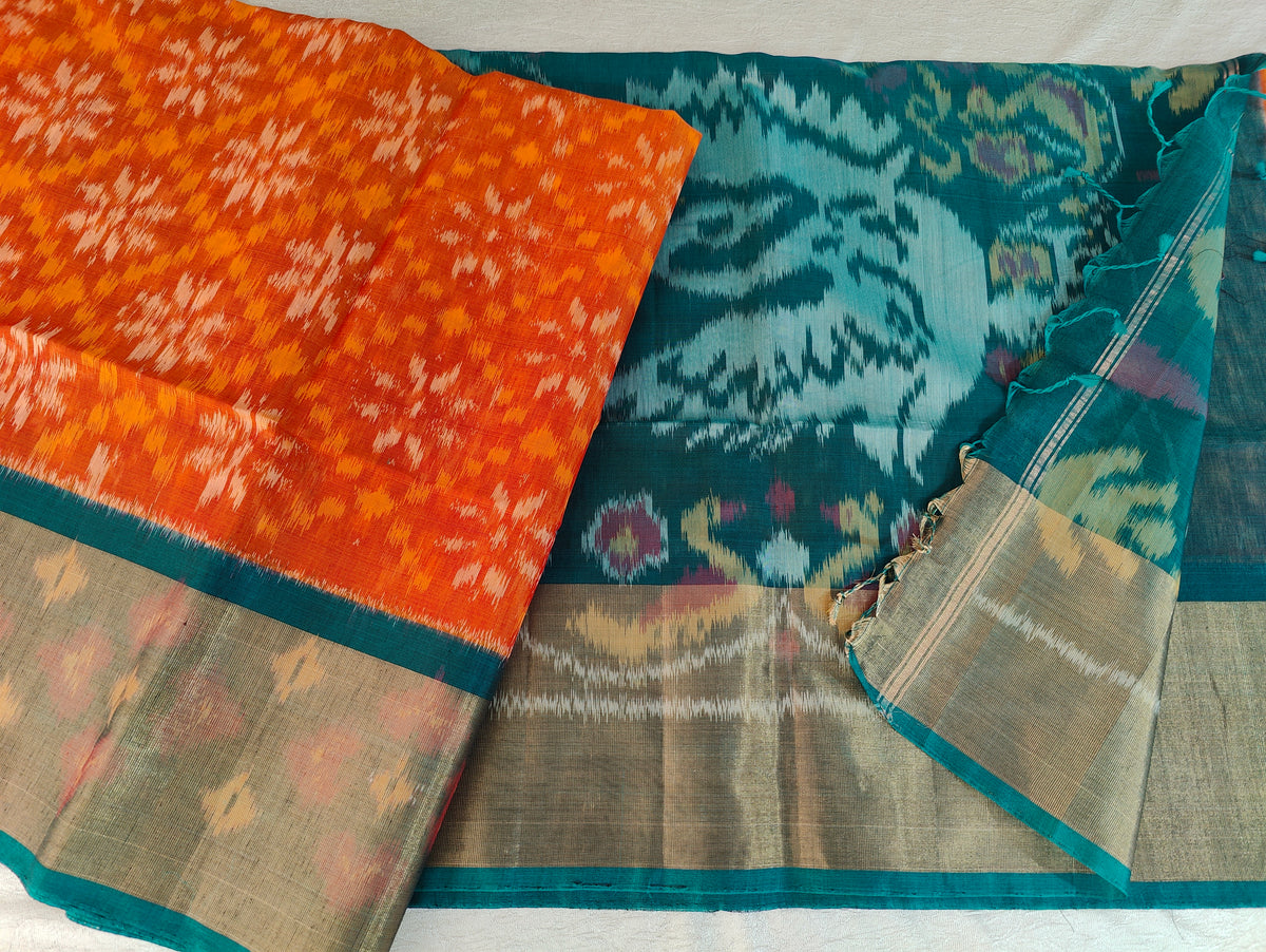 Orange with Peacock Green Pochampally Ikkat Silk Cotton (SICO Pattu)