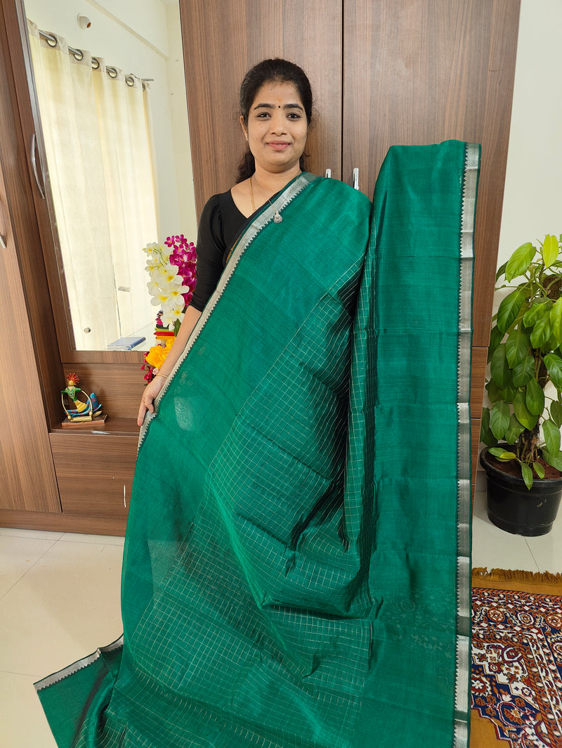 Handwoven Mangalagiri Pattu Saree with Beautiful  Small Checks - Dark Green